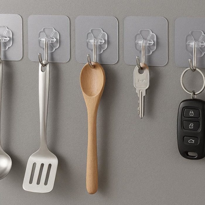 Clear Adhesive Hooks Heavy Duty Plastic Wall Hangers for Kitchen Utensils Key Hanging