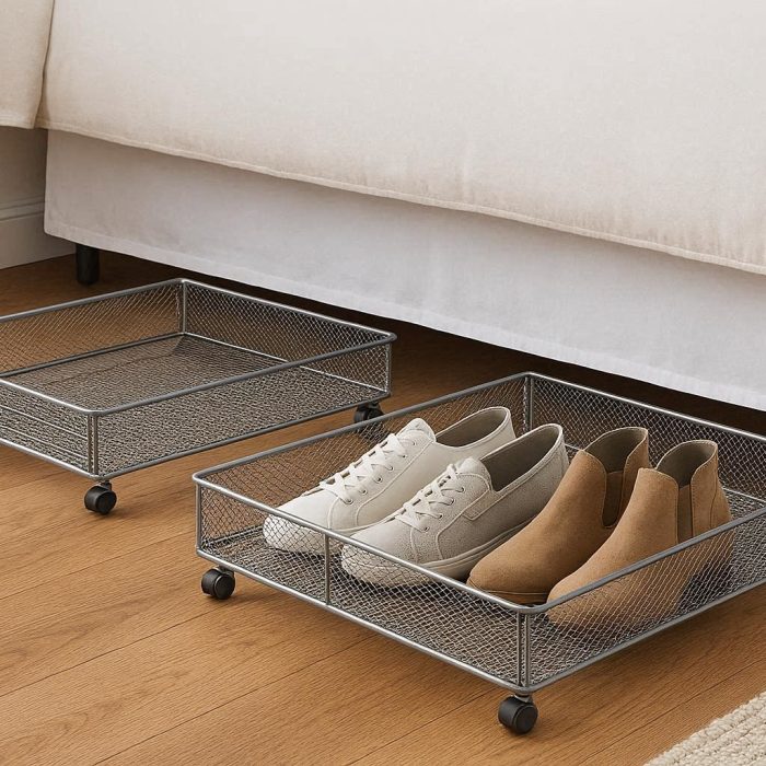 Metal Underbed Storage Trays Rolling Wire Mesh Shoe Rack Organizer for Bedroom Furniture