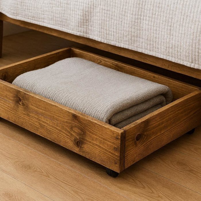 Rolling Wooden Underbed Storage Drawer Rustic Pine Under Bed Organizer Box for Blankets