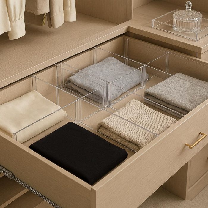 Clear Acrylic Drawer Dividers Expandable Separation Plates for Luxury Closet Bedroom Vanity Clothing